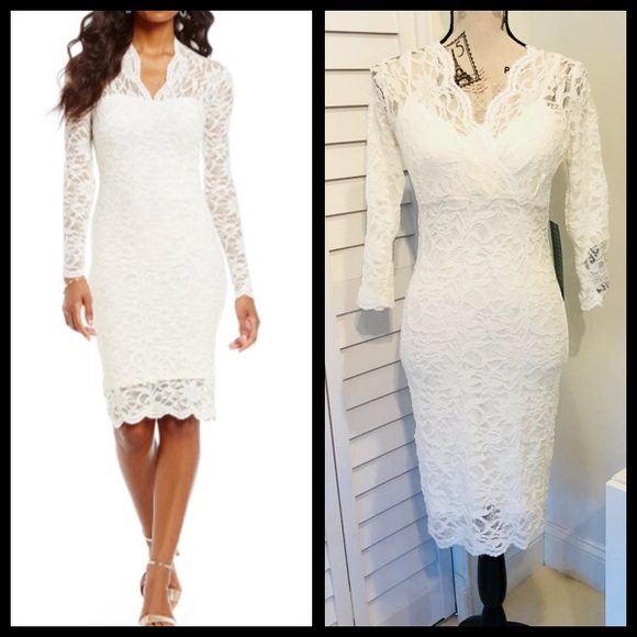 white long sleeve lace midi dress